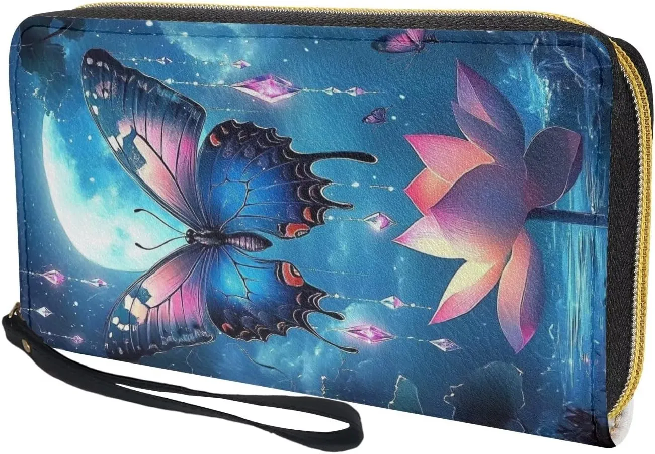 Blue Butterfly Moon Wallet for Womens Leather RFID Blocking Design Zip Around Card Holder Organizer Ladies Travel Clutch Wristlet