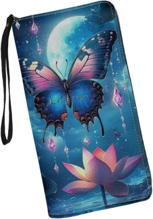 Blue Butterfly Moon Wallet for Womens Leather RFID Blocking Design Zip Around Card Holder Organizer Ladies Travel Clutch Wristlet