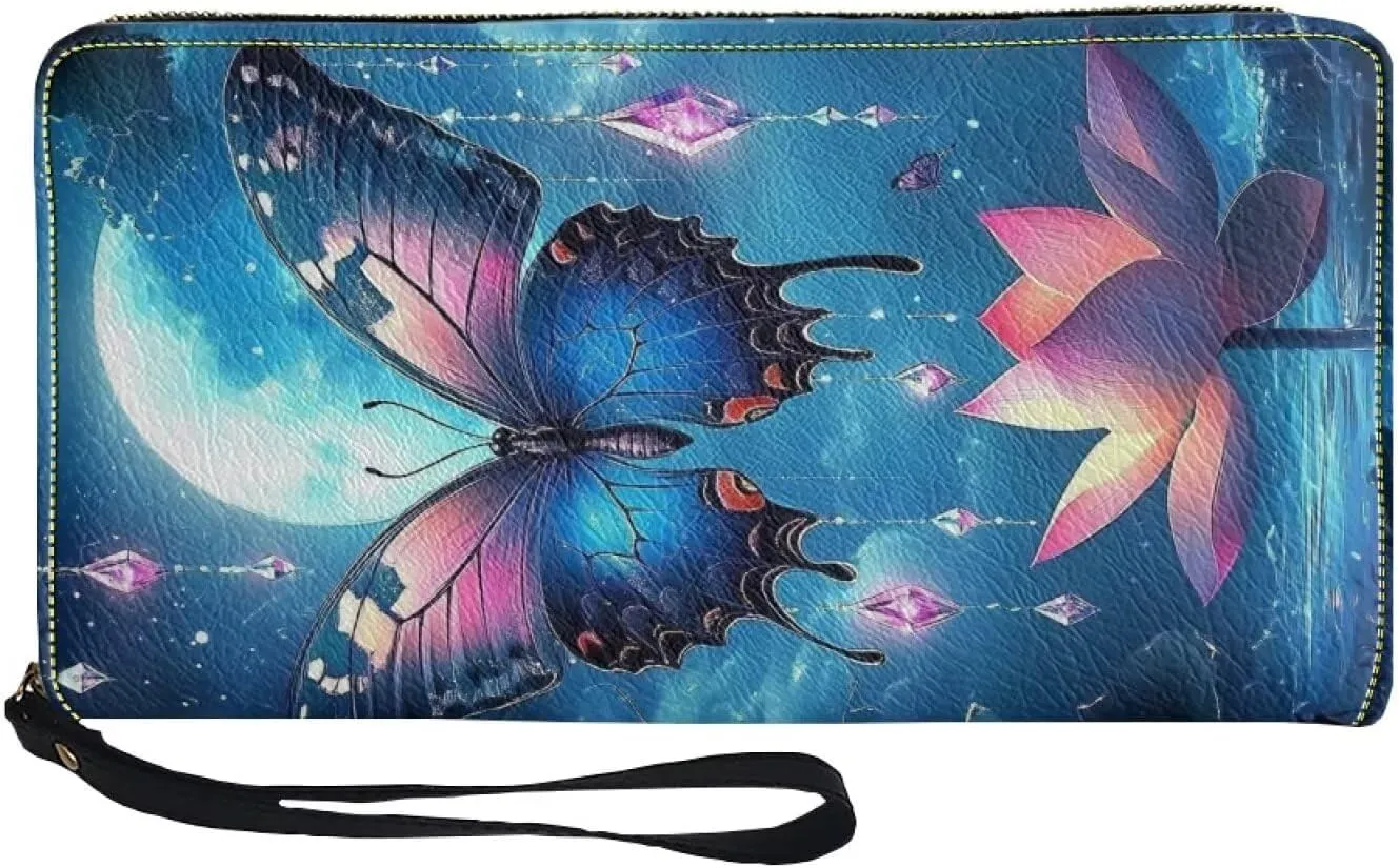 Blue Butterfly Moon Wallet for Womens Leather RFID Blocking Design Zip Around Card Holder Organizer Ladies Travel Clutch Wristlet
