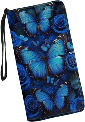 Blue Butterfly Wristlet Clutch Cell Phone Wallet for Women's PU Leather Card Holder Multi Card Organizer Wallets Purse