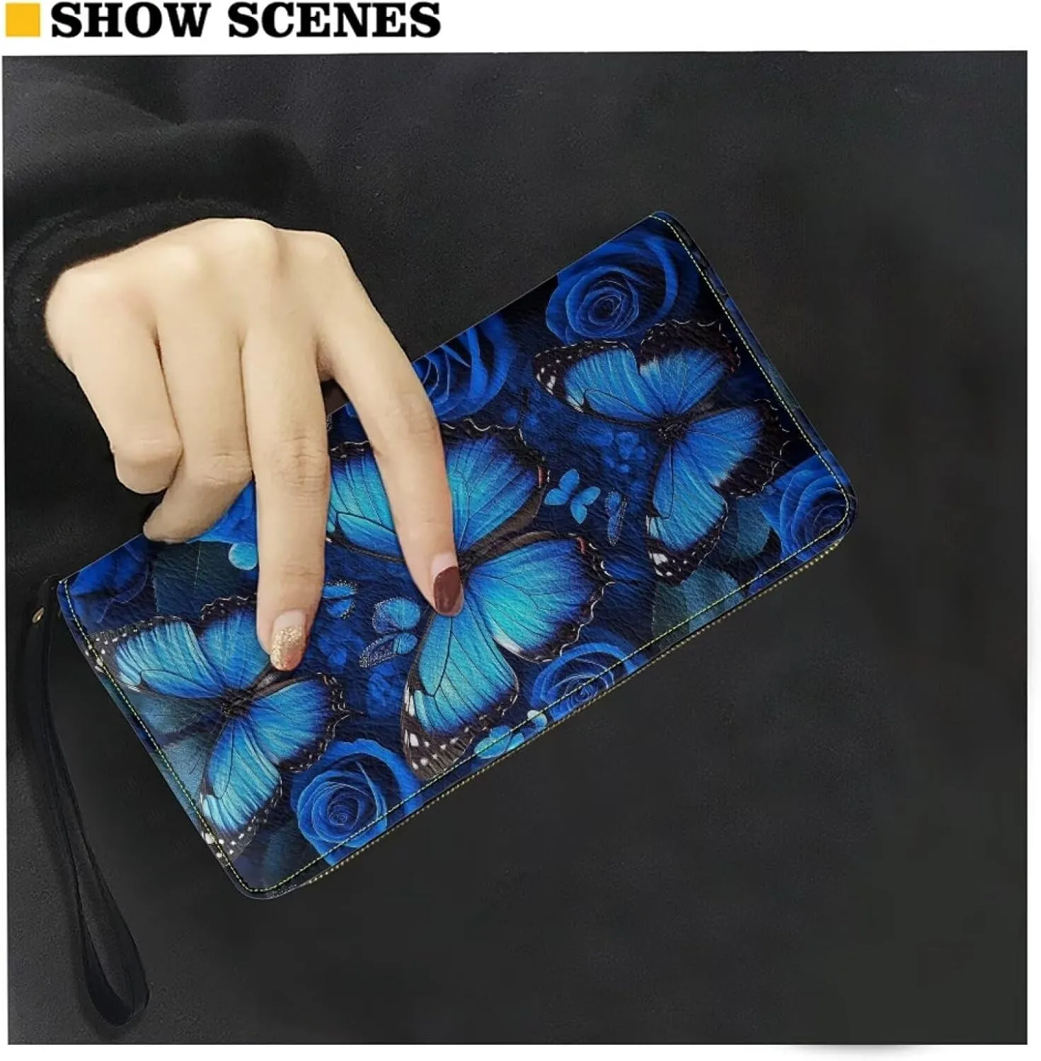 Blue Butterfly Wristlet Clutch Cell Phone Wallet for Women's PU Leather Card Holder Multi Card Organizer Wallets Purse