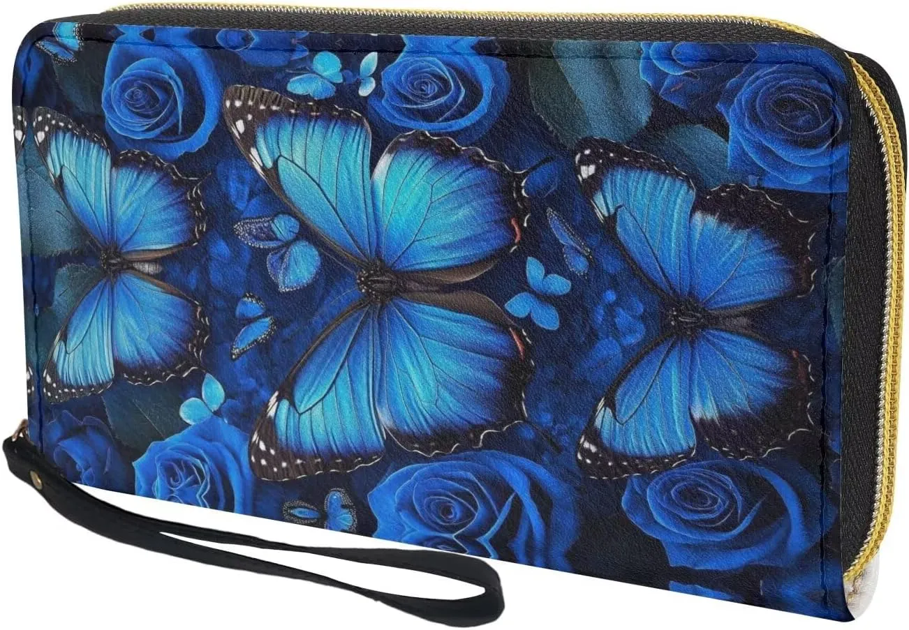 Blue Butterfly Wristlet Clutch Cell Phone Wallet for Women's PU Leather Card Holder Multi Card Organizer Wallets Purse