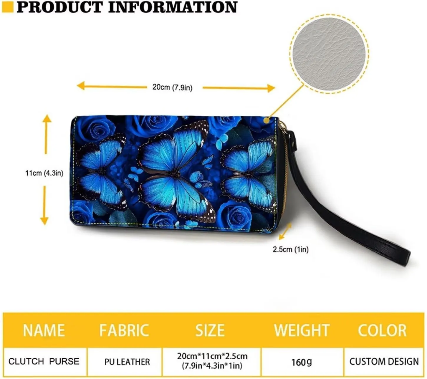 Blue Butterfly Wristlet Clutch Cell Phone Wallet for Women's PU Leather Card Holder Multi Card Organizer Wallets Purse