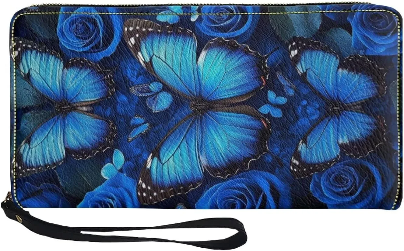 Blue Butterfly Wristlet Clutch Cell Phone Wallet for Women's PU Leather Card Holder Multi Card Organizer Wallets Purse