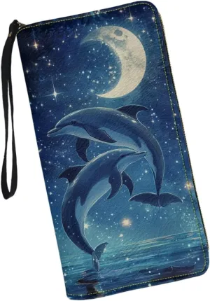 Blue Dolphin Moon Wallets Flower Zipper Around Purses RFID Blocking Credit Card Holder Leather Clutch Wristlet