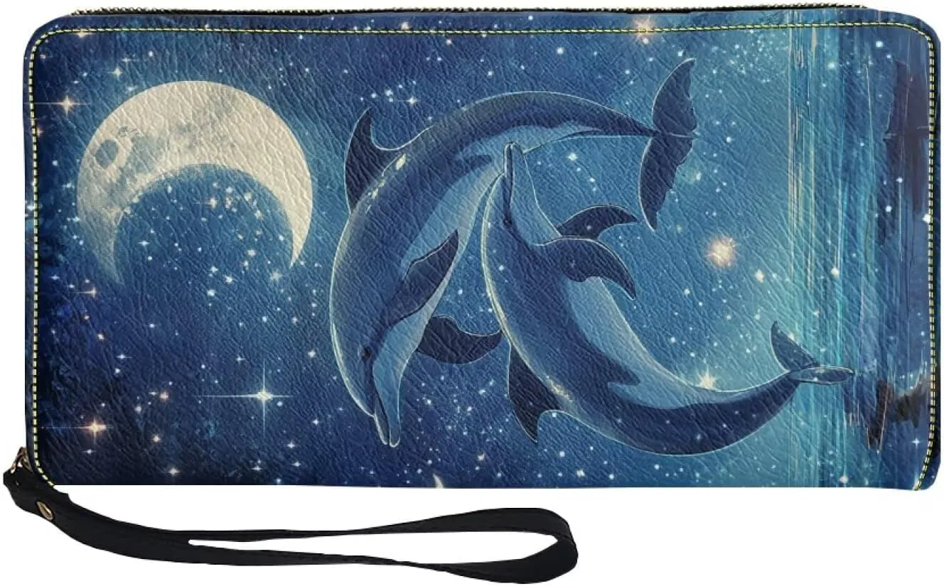 Blue Dolphin Moon Wallets Flower Zipper Around Purses RFID Blocking Credit Card Holder Leather Clutch Wristlet