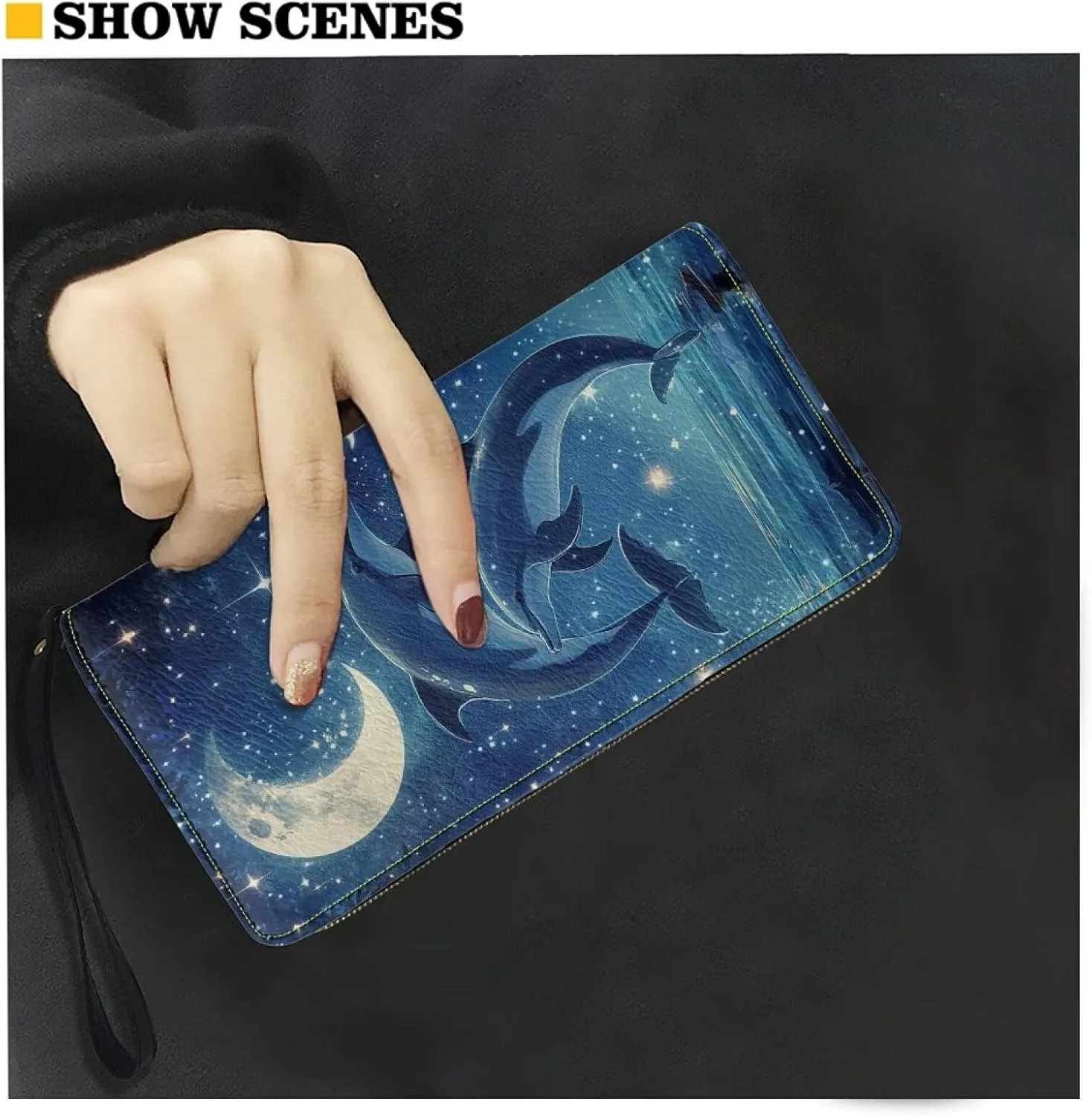Blue Dolphin Moon Wallets Flower Zipper Around Purses RFID Blocking Credit Card Holder Leather Clutch Wristlet