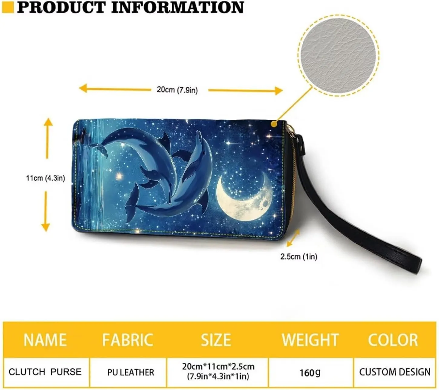Blue Dolphin Moon Wallets Flower Zipper Around Purses RFID Blocking Credit Card Holder Leather Clutch Wristlet
