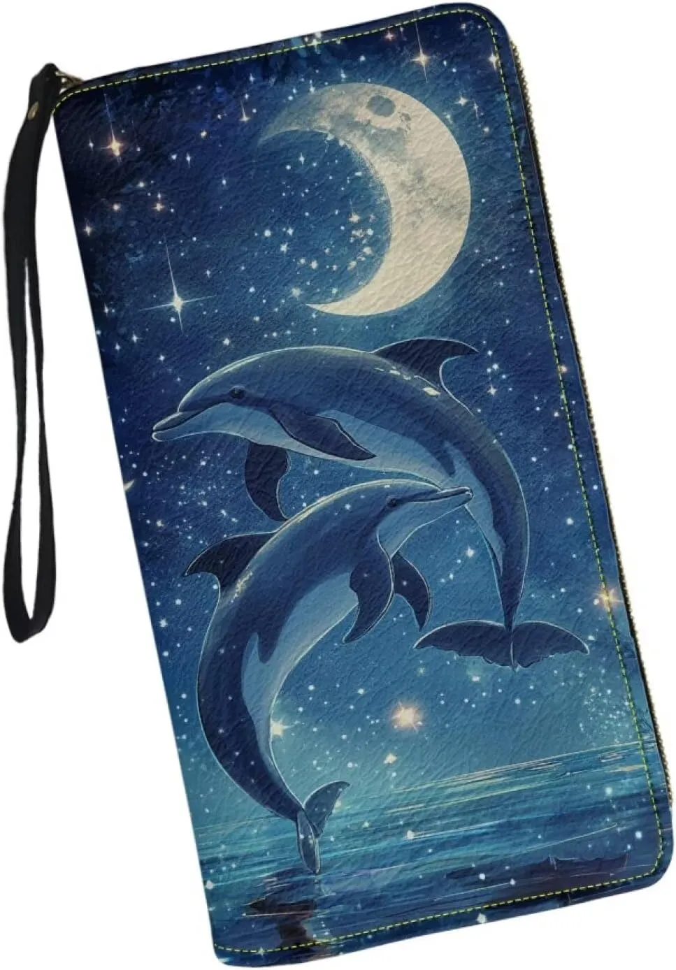 Blue Dolphin Moon Wallets Flower Zipper Around Purses RFID Blocking Credit Card Holder Leather Clutch Wristlet