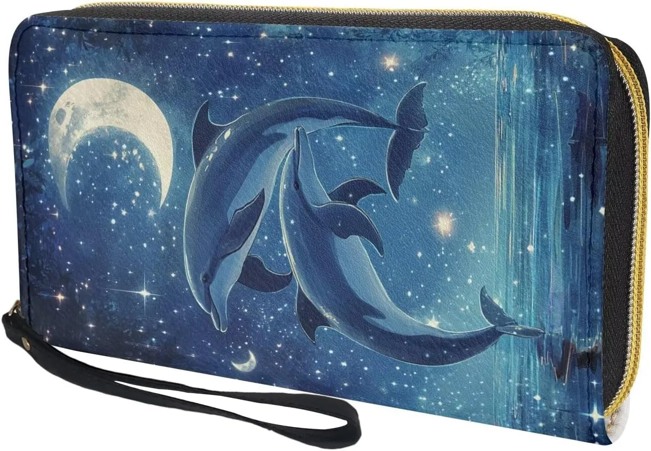 Blue Dolphin Moon Wallets Flower Zipper Around Purses RFID Blocking Credit Card Holder Leather Clutch Wristlet
