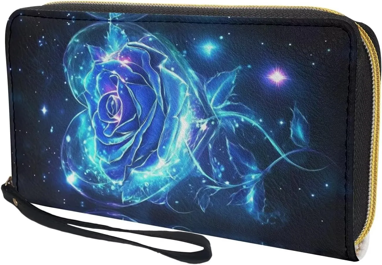 Blue Rose Clutch Zip Around Wallets for Women Travel Long Leather Purse Ladies Card Phone Cash Holders Wristlet