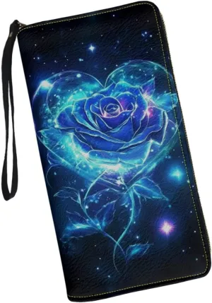 Blue Rose Clutch Zip Around Wallets for Women Travel Long Leather Purse Ladies Card Phone Cash Holders Wristlet