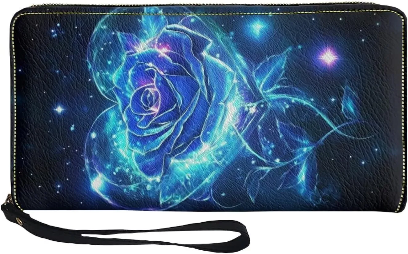 Blue Rose Clutch Zip Around Wallets for Women Travel Long Leather Purse Ladies Card Phone Cash Holders Wristlet