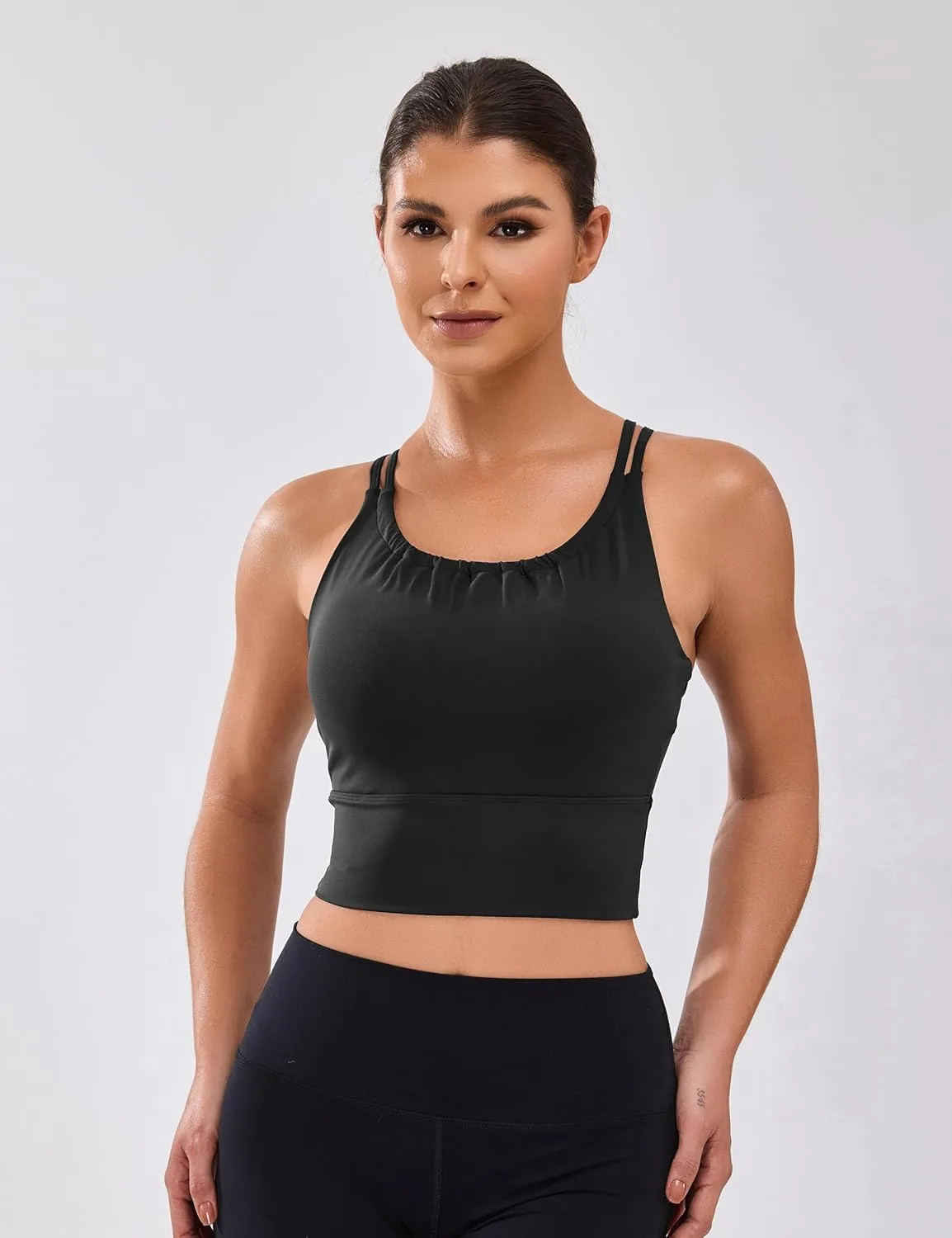 BMJL Women's Workout Tank Top Bulit in Bra Removable Pad Racerback Athletic Gym Yoga Camisole Smocked Neck Cropped Top