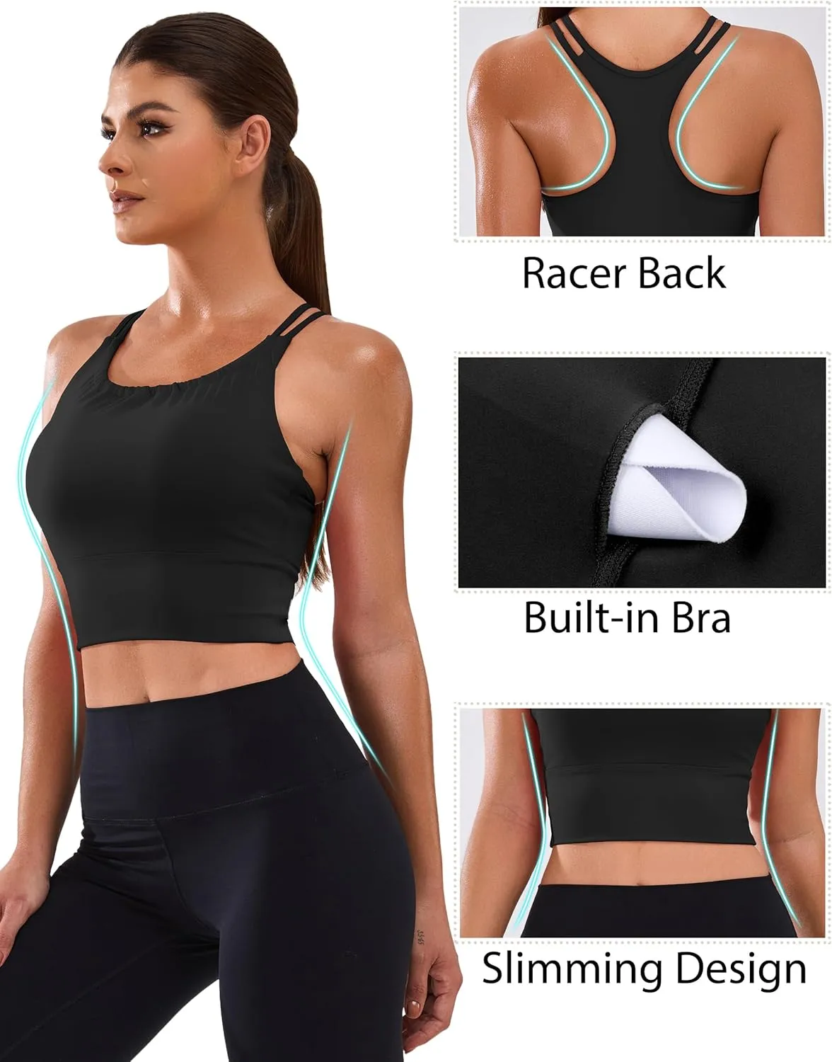BMJL Women's Workout Tank Top Bulit in Bra Removable Pad Racerback Athletic Gym Yoga Camisole Smocked Neck Cropped Top