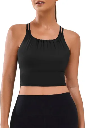 BMJL Women's Workout Tank Top Bulit in Bra Removable Pad Racerback Athletic Gym Yoga Camisole Smocked Neck Cropped Top