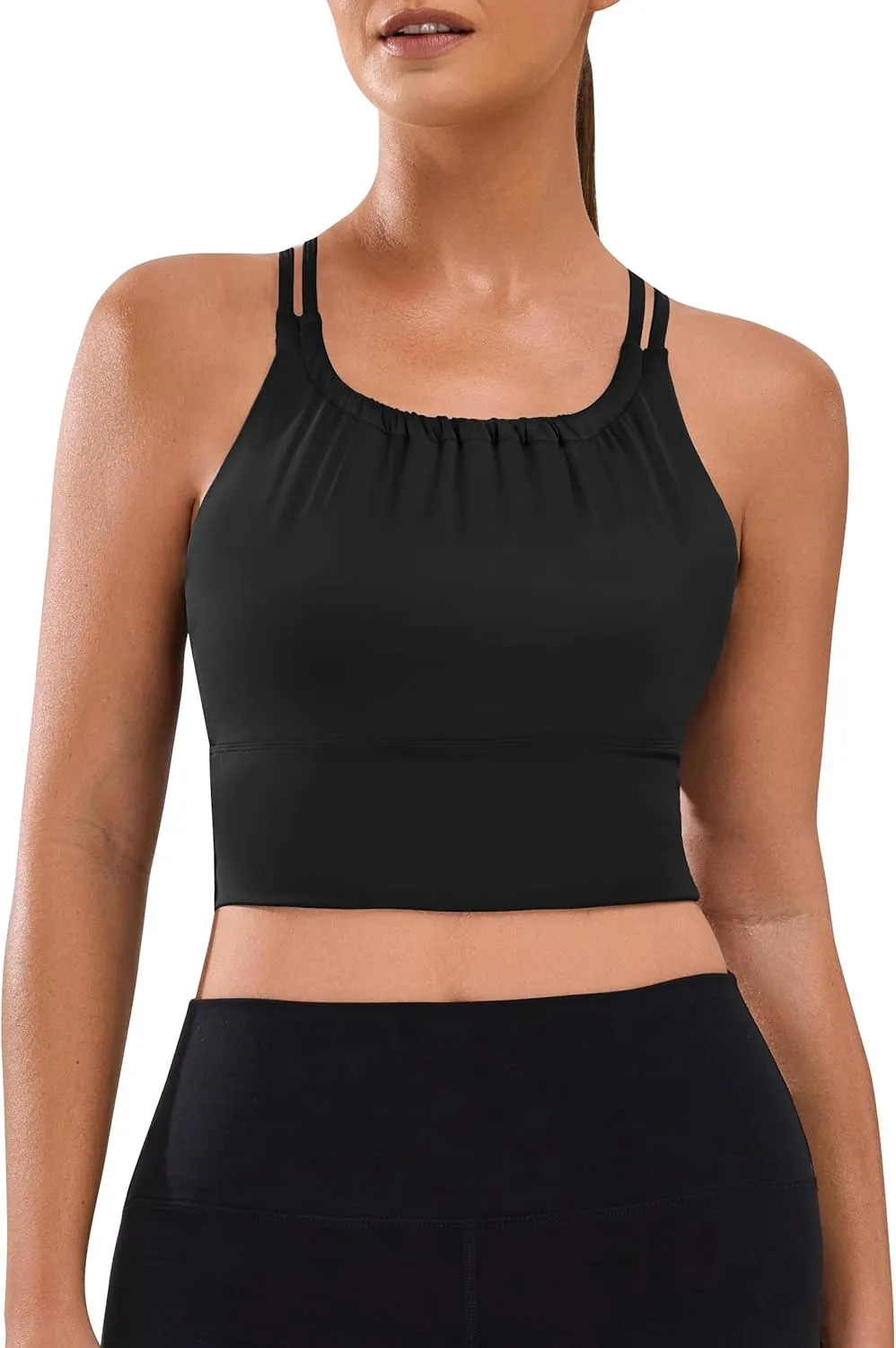 BMJL Women's Workout Tank Top Bulit in Bra Removable Pad Racerback Athletic Gym Yoga Camisole Smocked Neck Cropped Top