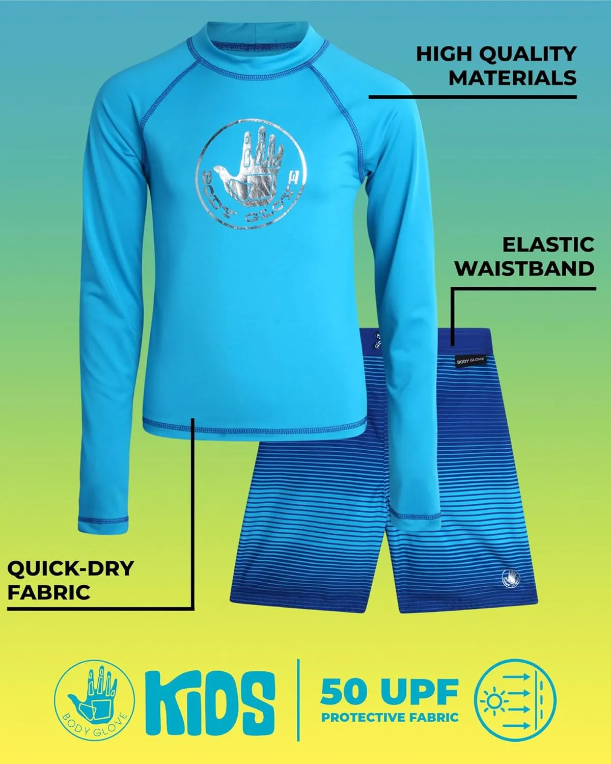 Body Glove Boys Rash Guard Set - UPF 50  Swim Shirt and Bathing Suit Trunks - Swimwear Set for Boys (4-12)