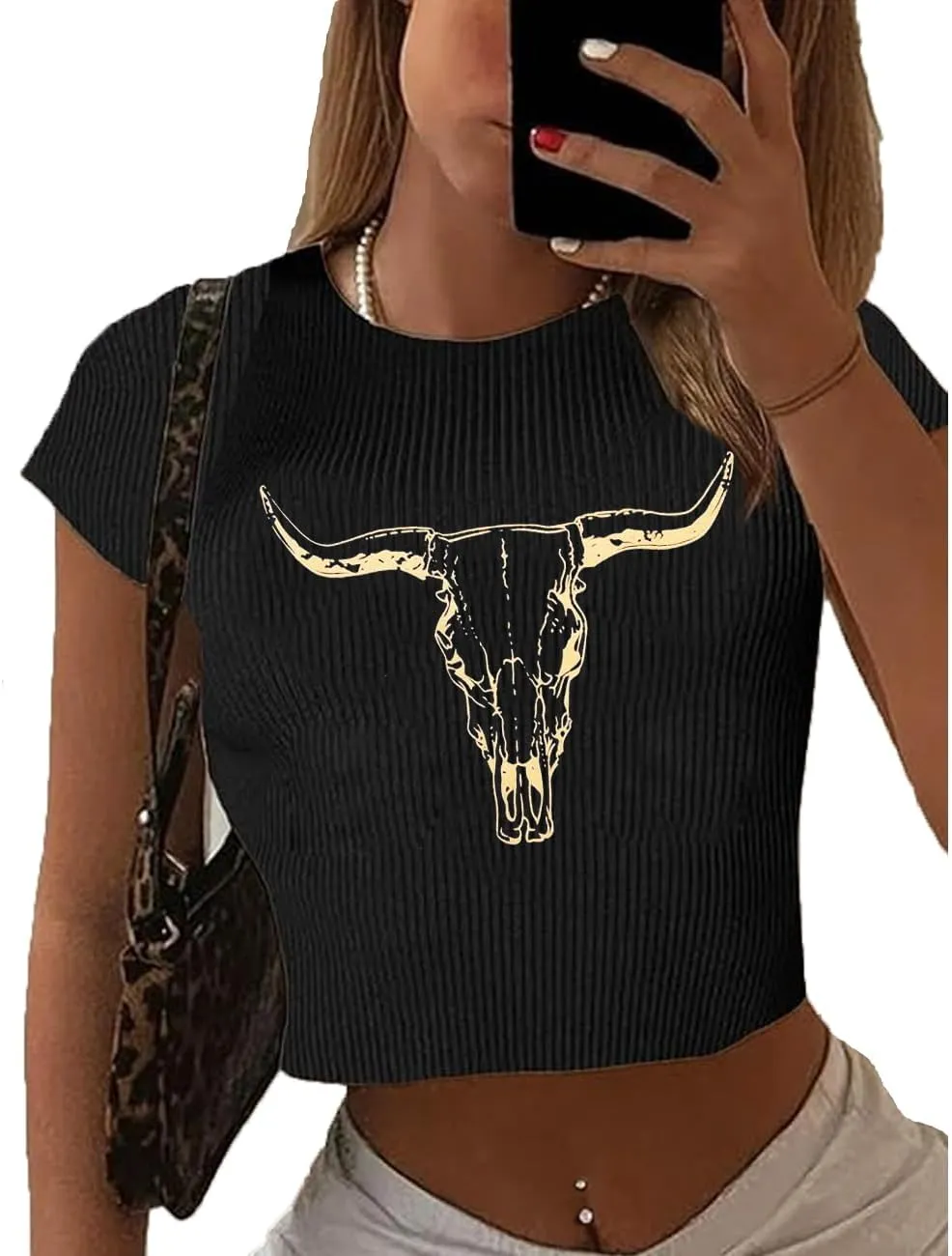 Boho Cow Skull Shirt Women Western Cowgirl Crop Tops Vintage Country Concert Cowboy Graphic Slim Fitted T-Shirt Top