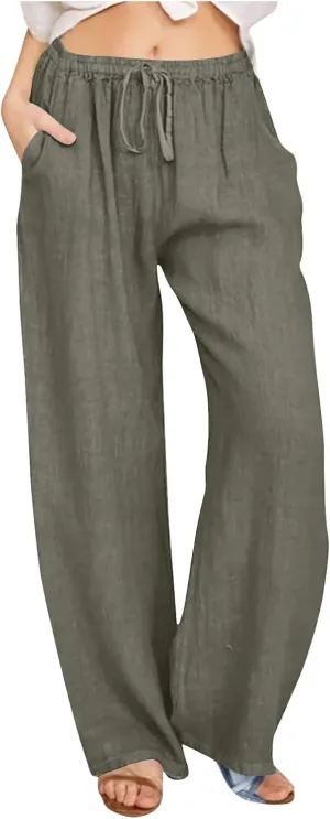 Borniu Women's Cotton Linen Pants Summer High Waisted Palazzo Pants Wide Leg Drawstring Elastic Waist Loose Comfy Trousers
