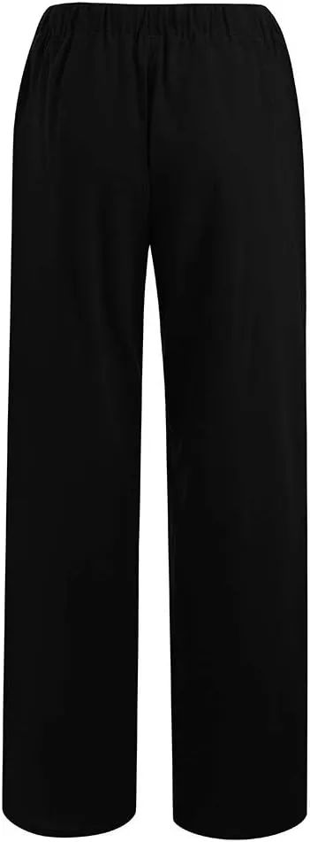 Borniu Women's Cotton Linen Pants Summer High Waisted Palazzo Pants Wide Leg Drawstring Elastic Waist Loose Comfy Trousers