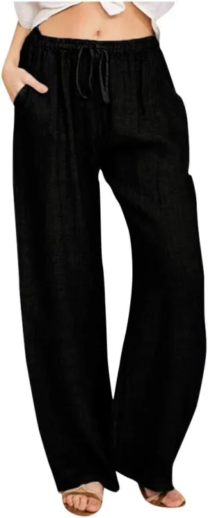 Borniu Women's Cotton Linen Pants Summer High Waisted Palazzo Pants Wide Leg Drawstring Elastic Waist Loose Comfy Trousers