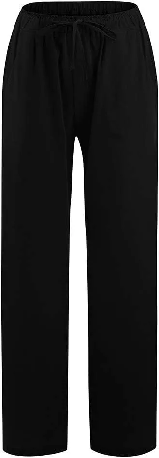 Borniu Women's Cotton Linen Pants Summer High Waisted Palazzo Pants Wide Leg Drawstring Elastic Waist Loose Comfy Trousers