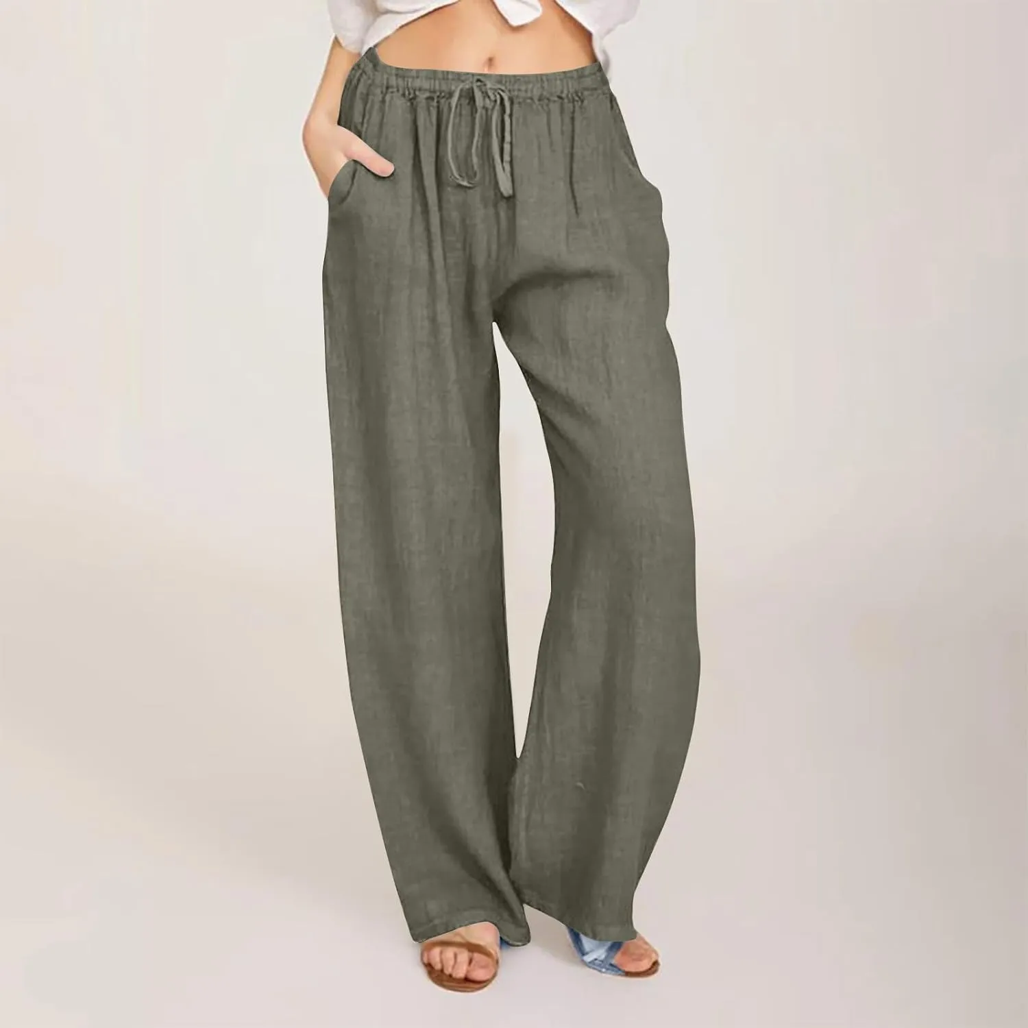 Borniu Women's Cotton Linen Pants Summer High Waisted Palazzo Pants Wide Leg Drawstring Elastic Waist Loose Comfy Trousers