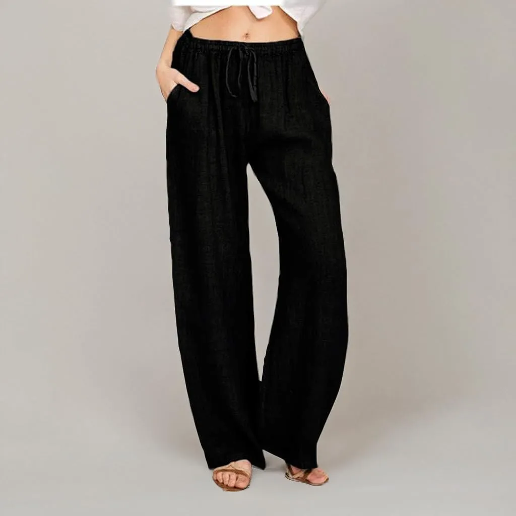 Borniu Women's Cotton Linen Pants Summer High Waisted Palazzo Pants Wide Leg Drawstring Elastic Waist Loose Comfy Trousers