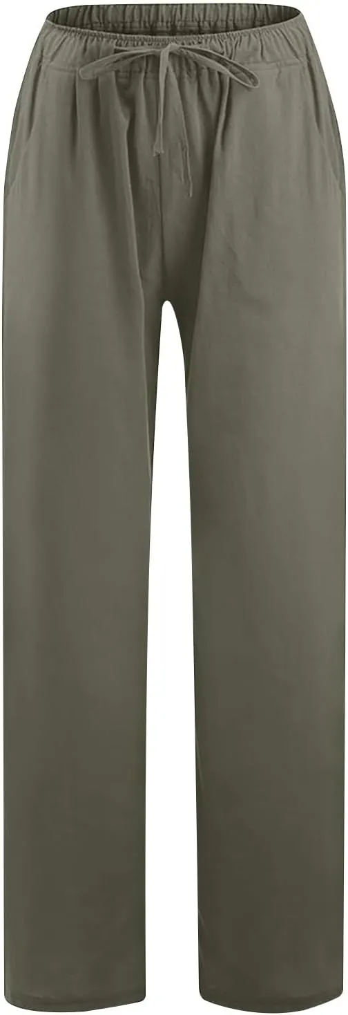 Borniu Women's Cotton Linen Pants Summer High Waisted Palazzo Pants Wide Leg Drawstring Elastic Waist Loose Comfy Trousers