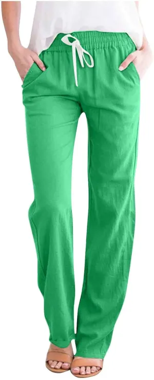 BZGTZT Women's Linen Pants Summer Straight Wide Leg Pants Drawstring High Waisted Trousers Loose Comfy Palazzo Pants