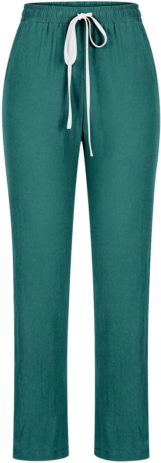 BZGTZT Women's Linen Pants Summer Straight Wide Leg Pants Drawstring High Waisted Trousers Loose Comfy Palazzo Pants