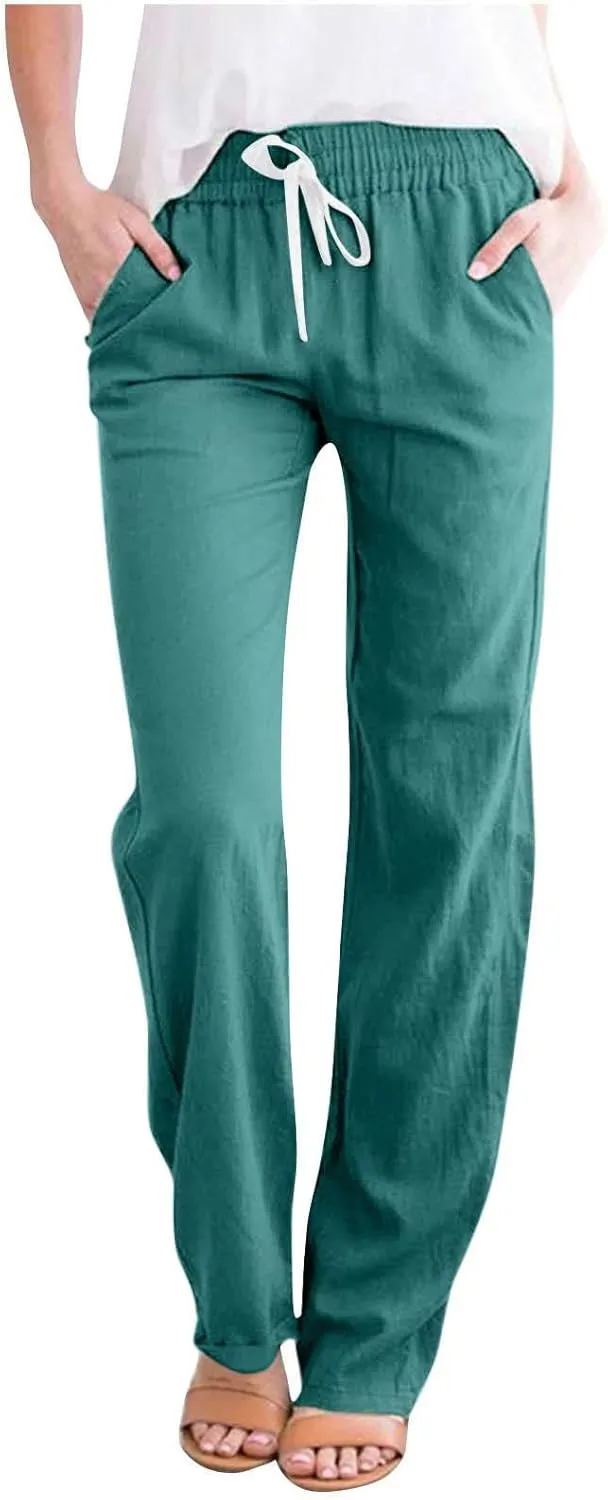 BZGTZT Women's Linen Pants Summer Straight Wide Leg Pants Drawstring High Waisted Trousers Loose Comfy Palazzo Pants