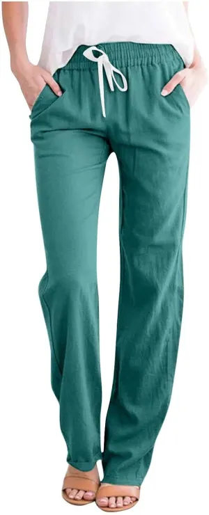 BZGTZT Women's Linen Pants Summer Straight Wide Leg Pants Drawstring High Waisted Trousers Loose Comfy Palazzo Pants