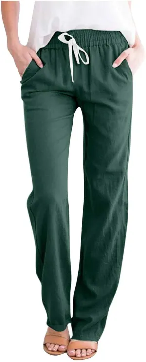 BZGTZT Women's Linen Pants Summer Straight Wide Leg Pants Drawstring High Waisted Trousers Loose Comfy Palazzo Pants