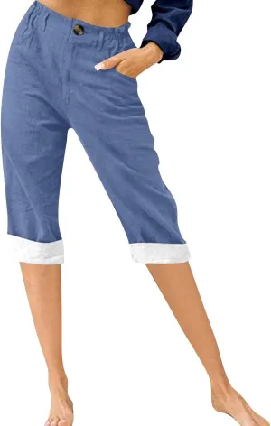 Capri Pants for Women Summer Linen Pants Elastic Waist Casual Loose Comfy Trendy Cropped Trouser Beach Clothes