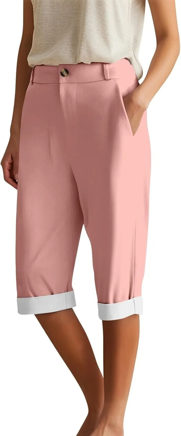 Capri Pants for Women Summer Linen Pants Elastic Waist Casual Loose Comfy Trendy Cropped Trouser Beach Clothes