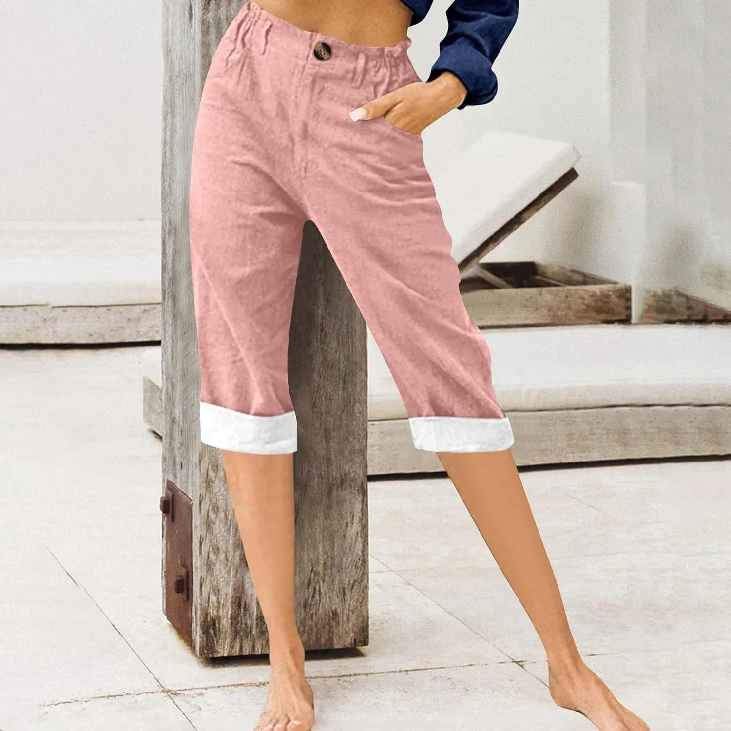 Capri Pants for Women Summer Linen Pants Elastic Waist Casual Loose Comfy Trendy Cropped Trouser Beach Clothes