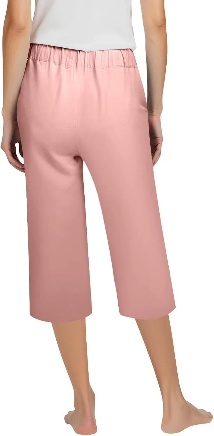 Capri Pants for Women Summer Linen Pants Elastic Waist Casual Loose Comfy Trendy Cropped Trouser Beach Clothes