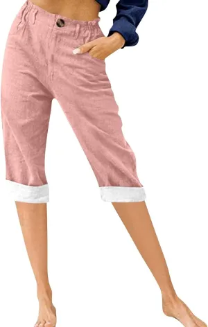 Capri Pants for Women Summer Linen Pants Elastic Waist Casual Loose Comfy Trendy Cropped Trouser Beach Clothes