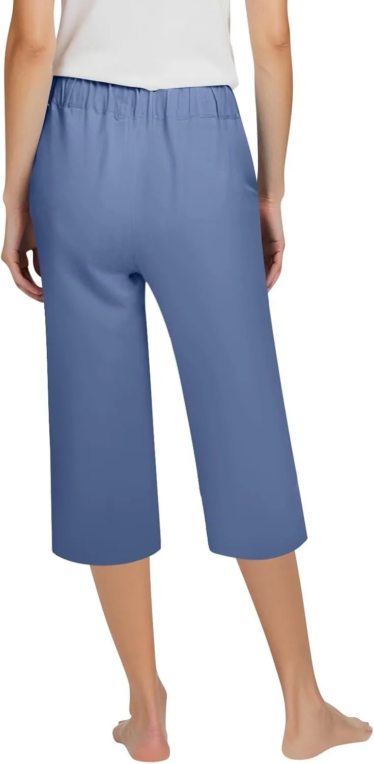 Capri Pants for Women Summer Linen Pants Elastic Waist Casual Loose Comfy Trendy Cropped Trouser Beach Clothes
