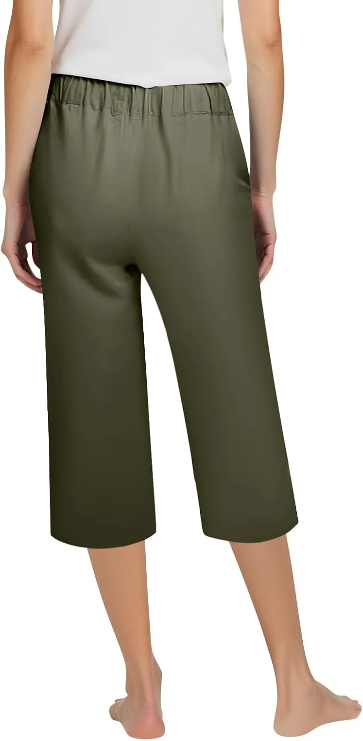 Capri Pants for Women Summer Linen Pants Elastic Waist Casual Loose Comfy Trendy Cropped Trouser Beach Clothes