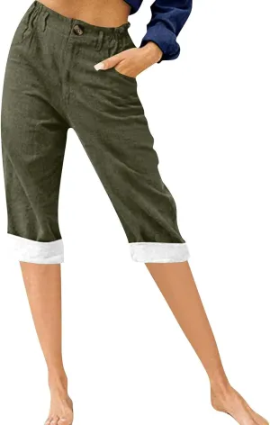 Capri Pants for Women Summer Linen Pants Elastic Waist Casual Loose Comfy Trendy Cropped Trouser Beach Clothes