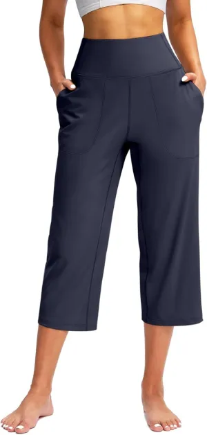 Capri Yoga Pants for Women Stretch High Waisted Wide Leg Pull on Capris Workout Athletic Work Pants with Pockets