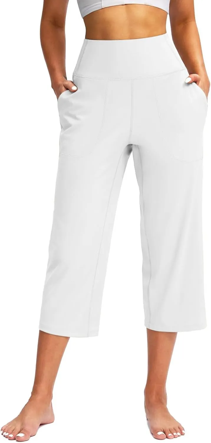 Capri Yoga Pants for Women Stretch High Waisted Wide Leg Pull on Capris Workout Athletic Work Pants with Pockets