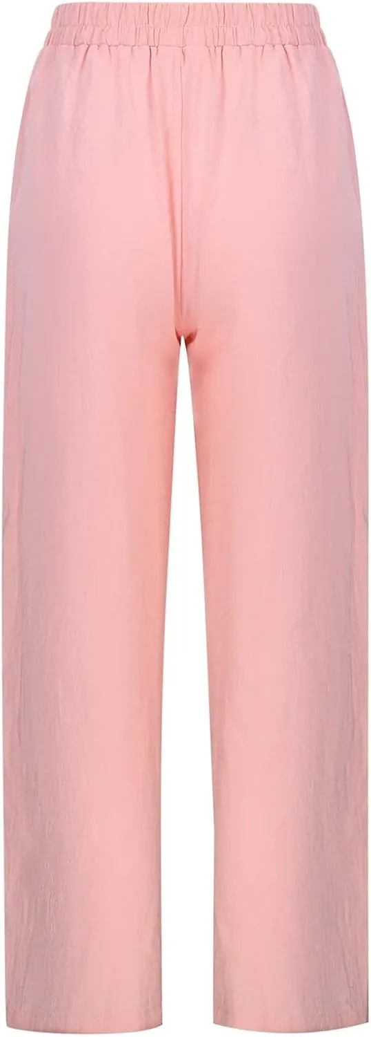 Casual Linen Pants for Women 2025 Summer Straight Leg Pant Drawstring High Waist Loose Comfy Cotton Beach Trousers