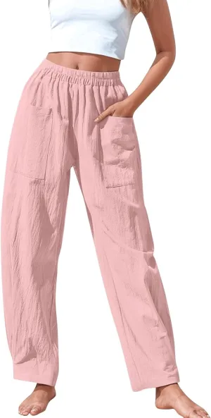 Casual Linen Pants for Women 2025 Summer Straight Leg Pant Drawstring High Waist Loose Comfy Cotton Beach Trousers