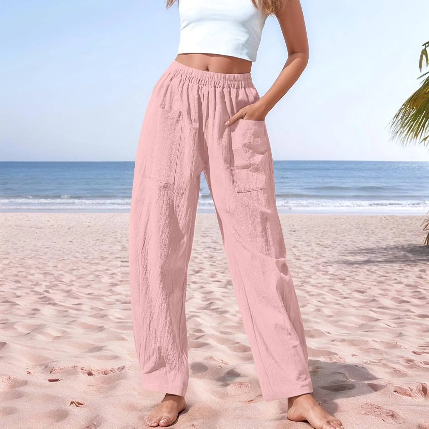 Casual Linen Pants for Women 2025 Summer Straight Leg Pant Drawstring High Waist Loose Comfy Cotton Beach Trousers