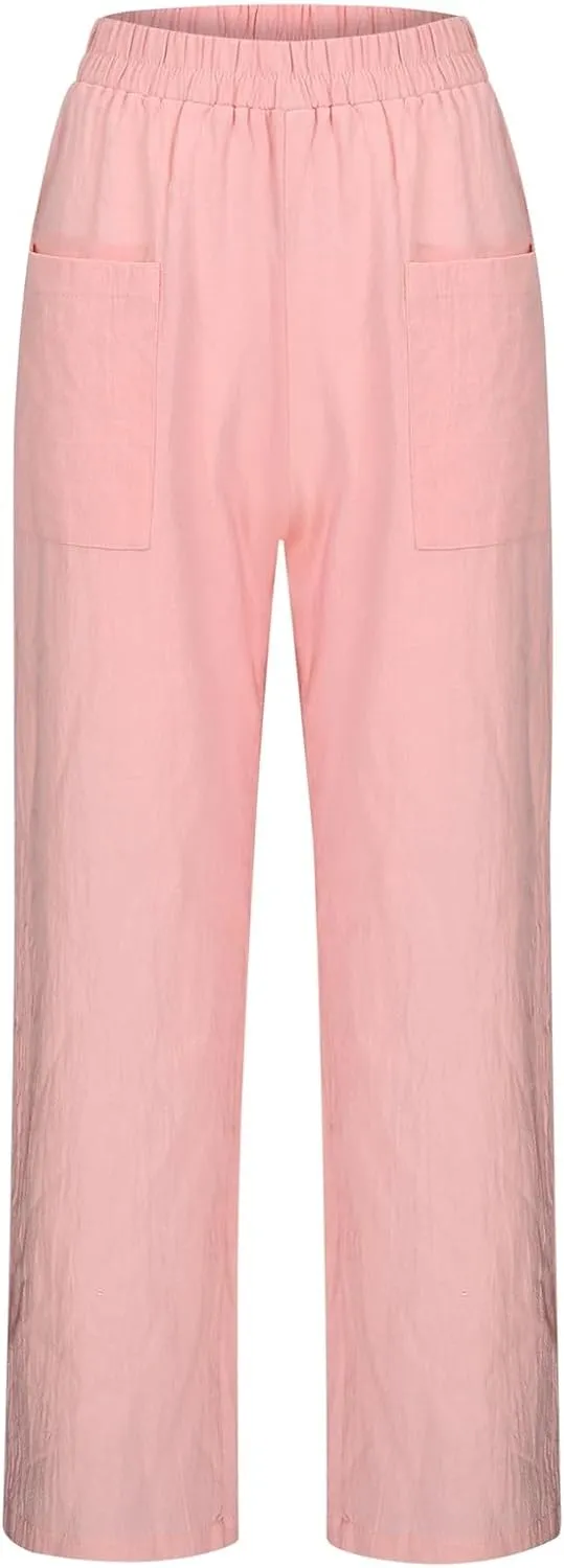 Casual Linen Pants for Women 2025 Summer Straight Leg Pant Drawstring High Waist Loose Comfy Cotton Beach Trousers