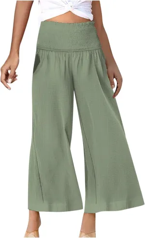 Ceboyel Wide Leg Palazzo Pants for Women High Waist Gaucho Pants Elastic Flowy Culottes Summer Beach Trousers 2023